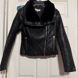 Wildflowers Black Leather Jacket with Plush Collar